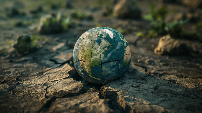 Globo terrestre rachado na terra seca