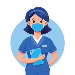 Fototapeta premium Illustration of a nurse wearing a mask and holding a tablet