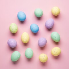 Pastel Easter eggs scattered on soft pink tabletop.