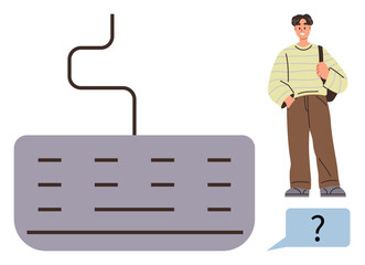 Obraz premium Man standing with a bag beside a large keyboard and speech bubble containing a question mark. Ideal for technology, communication, education, problem-solving, creativity, learning, curiosity. Simple