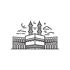 Minimalist Line Art of the Holy Kaaba in Mecca with Surrounding Structures and Celestial Elements
