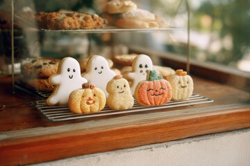 A cozy bakery window display featuring Halloween cookies decorated with cute faces. The assortment includes various flavors and shapes, inviting customers to indulge in these festive treats.