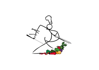 Stick Figure Chef with Sword - Playful stick figure chef chopping vegetables with a sword. Culinary humor.
