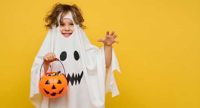 A young child dressed in a ghost costume holds a pumpkin bucket, smiling against a yellow background.