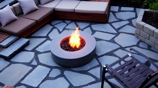 Outdoor patio with seating area, fire pit, and flagstone flooring