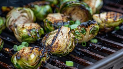 A trio of grilled Brussels sprouts artichokes and green onions seasoned to perfection.