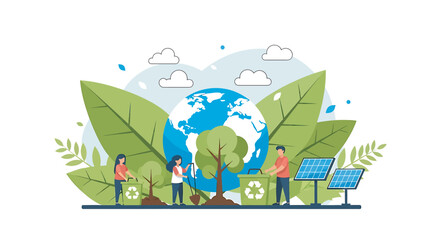 Naklejka premium People planting trees and recycling waste near solar panels, promoting sustainable living and environmental awareness in a clean, green world.