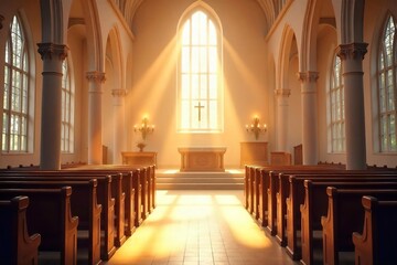 Serene interior of a church, bathed in soft light, with pews and an altar, conveying peace and spirituality Perfect for themes of faith, worship, and prayer , stained glass, worship, blessed