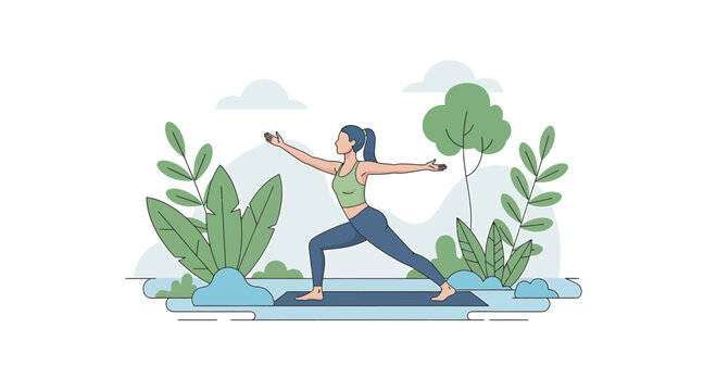 Woman practices warrior pose on yoga mat outdoors surrounded by lush greenery, promoting health and wellness in a serene environment.