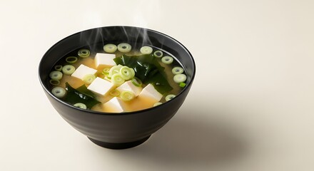 Bowl of Traditional Japanese Miso Soup Garnished with Seaweed and Scallions