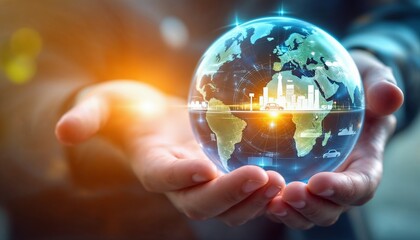 Holding a digital globe with electric vehicle overlay sustainable transportation concept
