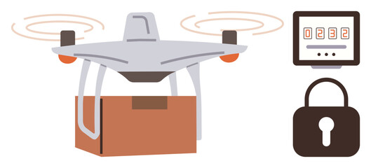 Modern Quadcopter delivers package alongside digital timer and padlock highlighting secure delivery. Ideal for tech, logistics, security, innovation, future, delivery services, e-commerce. Simple flat