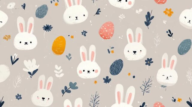 A charming seamless pattern featuring adorable bunny faces, pastel-colored eggs, and stylized floral elements on a muted grey background.  The design is playful and perfect for Easter-themed projects