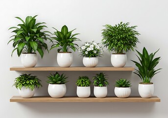 Fototapeta premium Indoor Plants and White Flowers on Wooden Shelf on transparent background- 3D rendering 