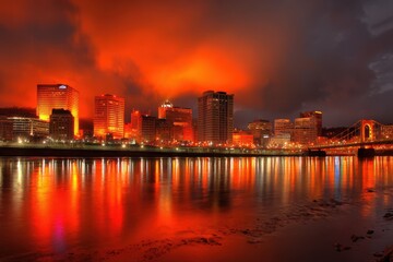 Naklejka premium A stunning city skyline illuminated in orange and black colors, creating a beautiful contrast against the night sky.