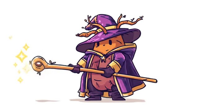 Cartoon wizard character with staff and magical attire on white background