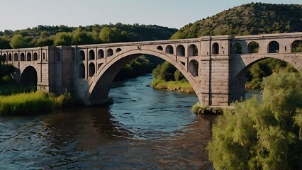Fototapeta premium A majestic ancient stone viaduct with elegant arches spanning a tranquil river in a lush, green countryside landscape