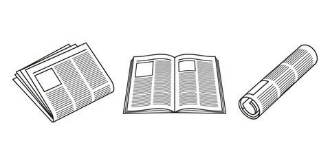 Black and white illustration of newspaper stack, opened newspaper and rolled paper.