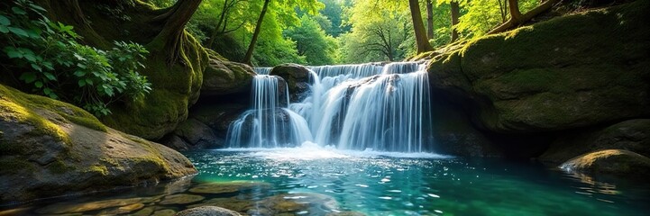 Obraz premium Serene waterfall cascading over moss-covered rocks, sunlight dappling the crystal-clear water Pure, untouched natural beauty in a lush forest environment , wild, refreshing, tranquility