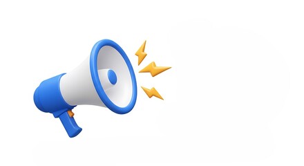 3D Blue megaphone and flash lightnings. Special offer. Social media promotion. Marketing time concept. Loudspeaker or speaker object. Realistic design emoji icon. 3D Vector illustration
