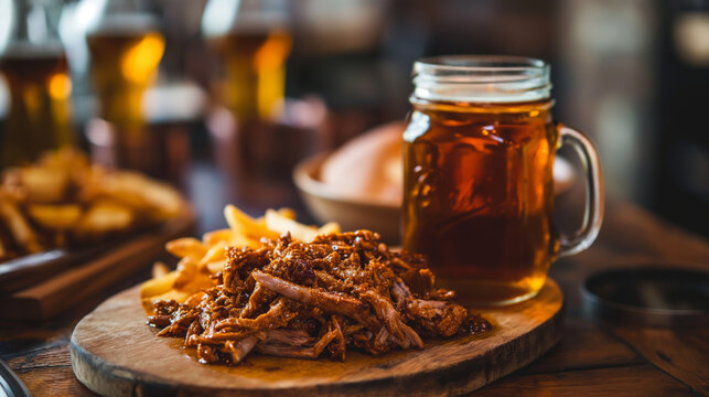 Prato de porco desfiado com fritas e cerveja