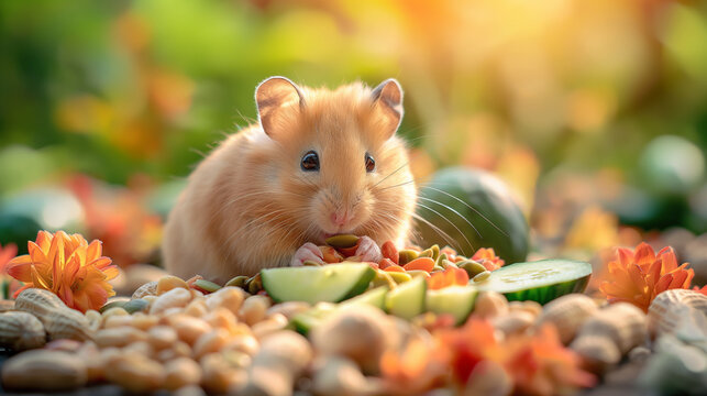 Hamster dourado fofo comendo amendoim e pepino