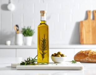 Rosemary infused olive oil with olives and bread