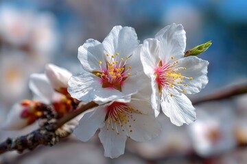 Obraz premium Closeup of white almond blossoms with pink and yellow centers on a brown branch