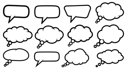 Obraz premium Vector collection of empty communication bubbles. Set of black outline speech and thought balloons for comics and design projects