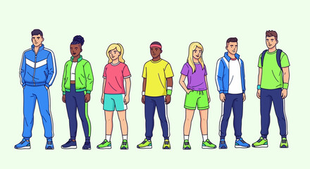 Fototapeta premium Diverse group of young multiracial people in colorful sportswear. Vector illustration of a sports team or fitness community of friends