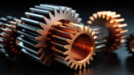 An abstract composition of interlocking metallic gears representing business efficiency.