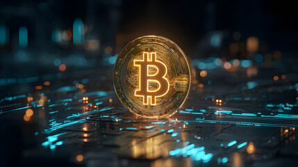 Glowing bitcoin stands on futuristic circuit board