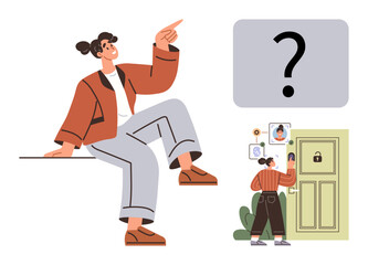 Woman thinking and pointing at a question mark while interacting with a digital home security door. Ideal for innovation, security, problem-solving, technology, decision-making, home automation