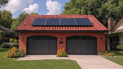 Obraz premium Residential garage with solar panels on a red tile roof showcasing energy solutions