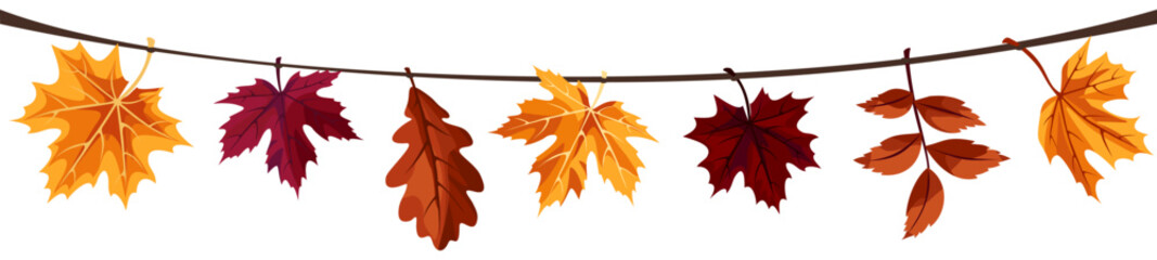 Autumn leaves hanging on a string. Decorative garland with brown and yellow fall leaves. Vector illustration