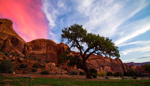 Vivid skies and towering red rock formations create a majestic landscape