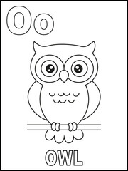 O is for Owl Coloring Sheet Featuring Cute Bird for Preschool Learning.  Alphabet Coloring Page for Kids Learning Letters and Animals