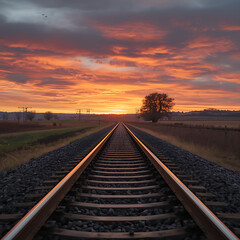The railway tracks extend towards a striking sunset and a rural setting.