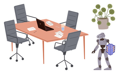 Conference table with chairs, laptop, documents, and coffee cup near a standing robot and plant. Ideal for AI innovation, teamwork, modern workplace, robotics, automation technology simple flat