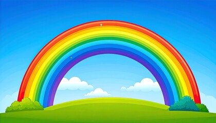 Vibrant Cartoon Landscape with a Colorful Rainbow and Bright Sky