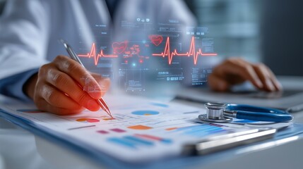 Medical professional analyzing patient data with floating digital heartbeat pulse graphic overlay on tablet screen healthcare technology innovation doctor hand