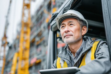Fototapeta premium Asian construction worker wearing hard hat and reflective vest looking out from vehicle window at construction site with heavy equipment in background