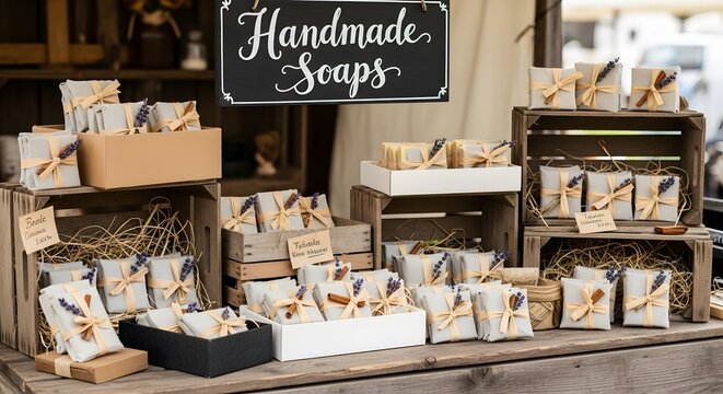Handmade soaps displayed on wooden crates at an outdoor market stall