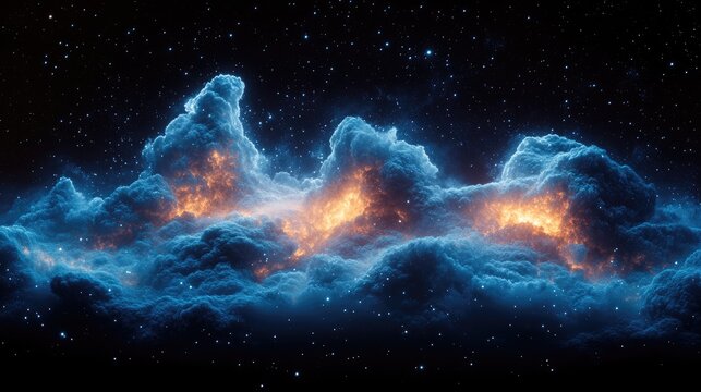 Spectacular cosmic cloudscape with vibrant blue and orange hues against starry night sky - Powered by Adobe