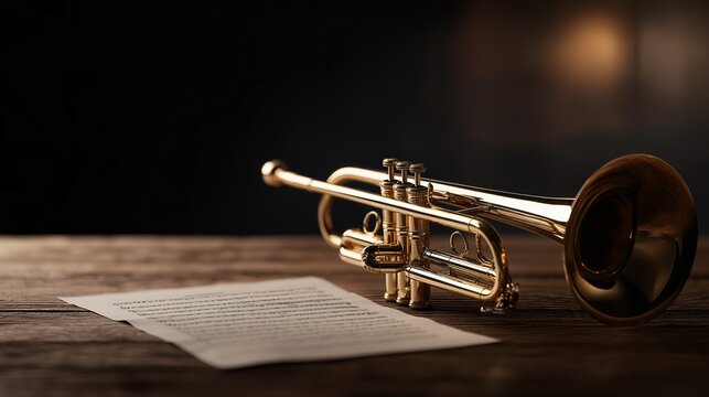 Trumpet brass instrument musical sheet music wooden table classical performance practice orchestra band jazz melody composition study