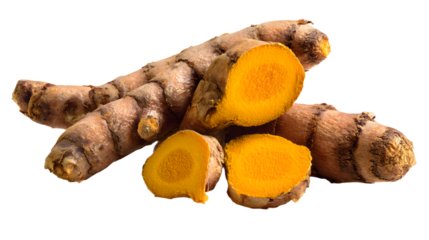Turmeric root benefits and uses fresh turmeric cut peces isolated on white bacground. fresh turmeric roo pieces isolated on white.a healthy spice with many enefits and uses for cookig.
