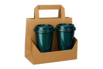 Green coffee cups nestled in cardboard carrier, takeaway beverage containers against transparent backdrop