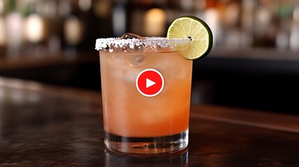 A vibrant, peach-toned cocktail garnished with lime.  A play button sits prominently on top