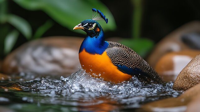 A vibrant peacock-pheasant in a shallow stream