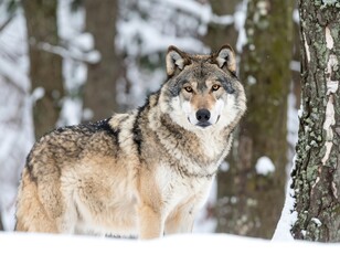 Obraz premium Gray wolf in snowy forest (1)